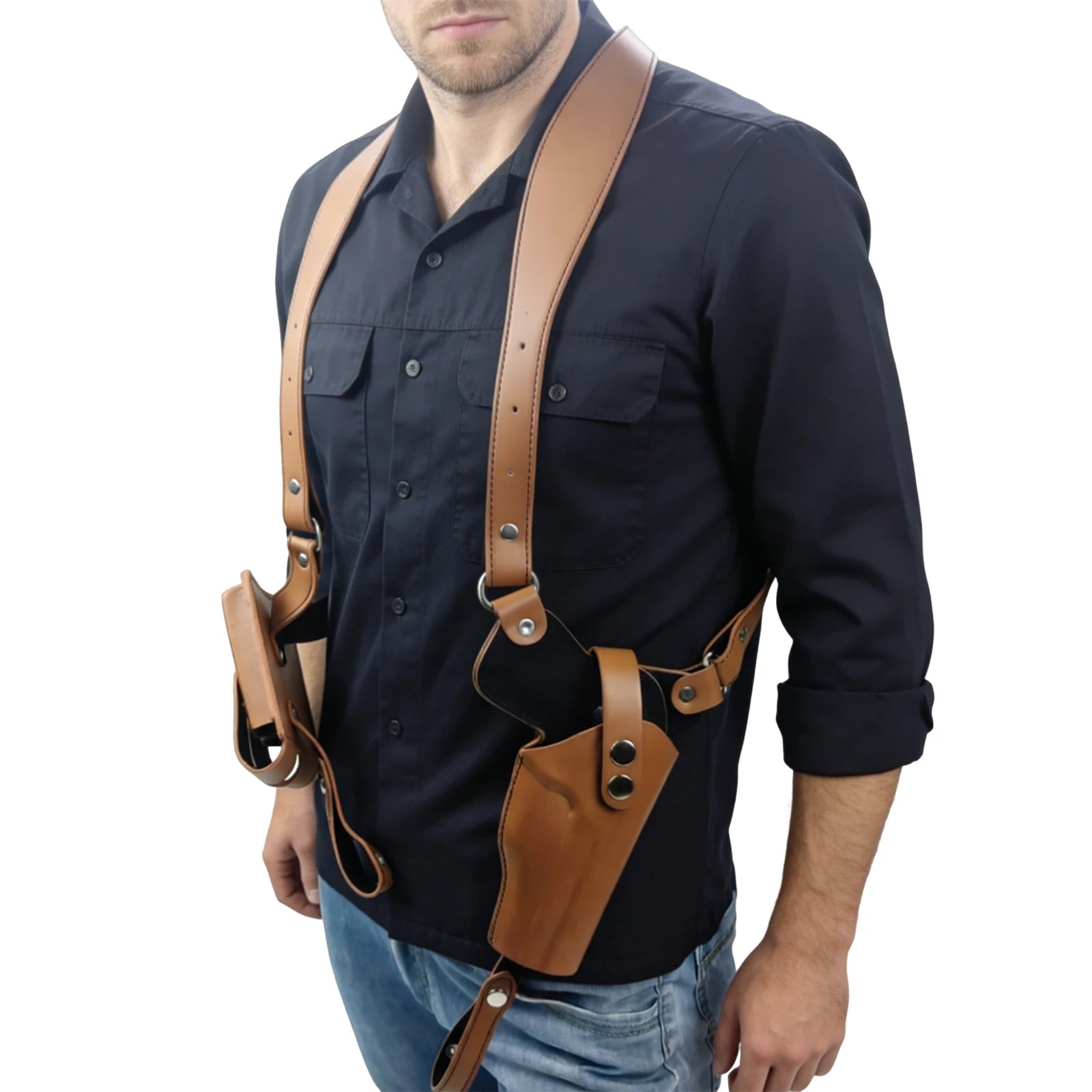 Leather General Vertical Gun Holster with Double Mag Fit Adjustable Concealed Carry Gun Holster Fit Most Kinds of Pistols