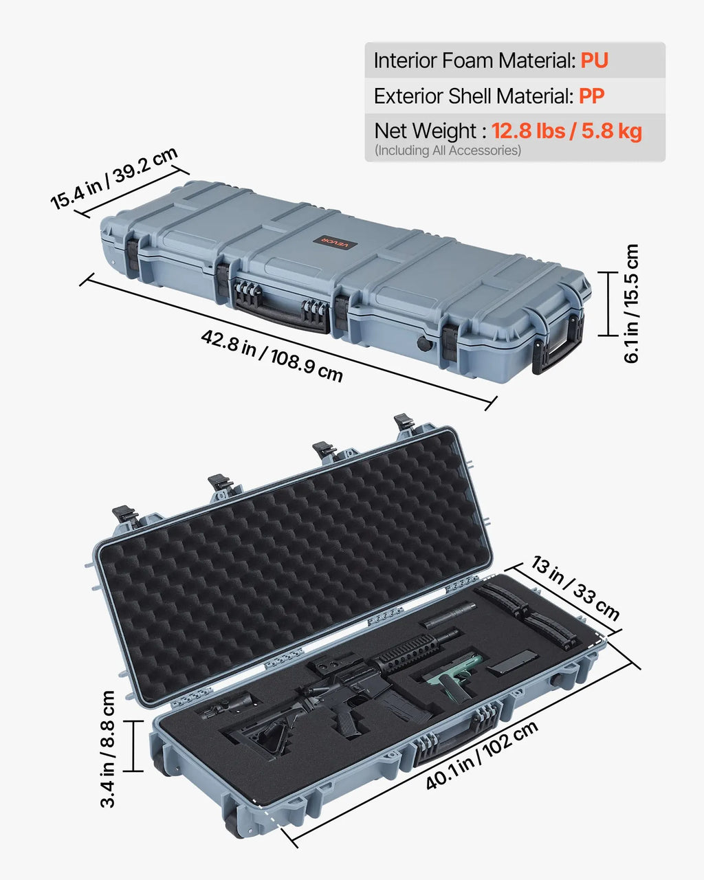 Hard Rifle Case, Lockable Rifle Case With Pre-cut Foams, 40 In Gun Storage With Wheels, IP67 Waterproof & Dustproof Movable