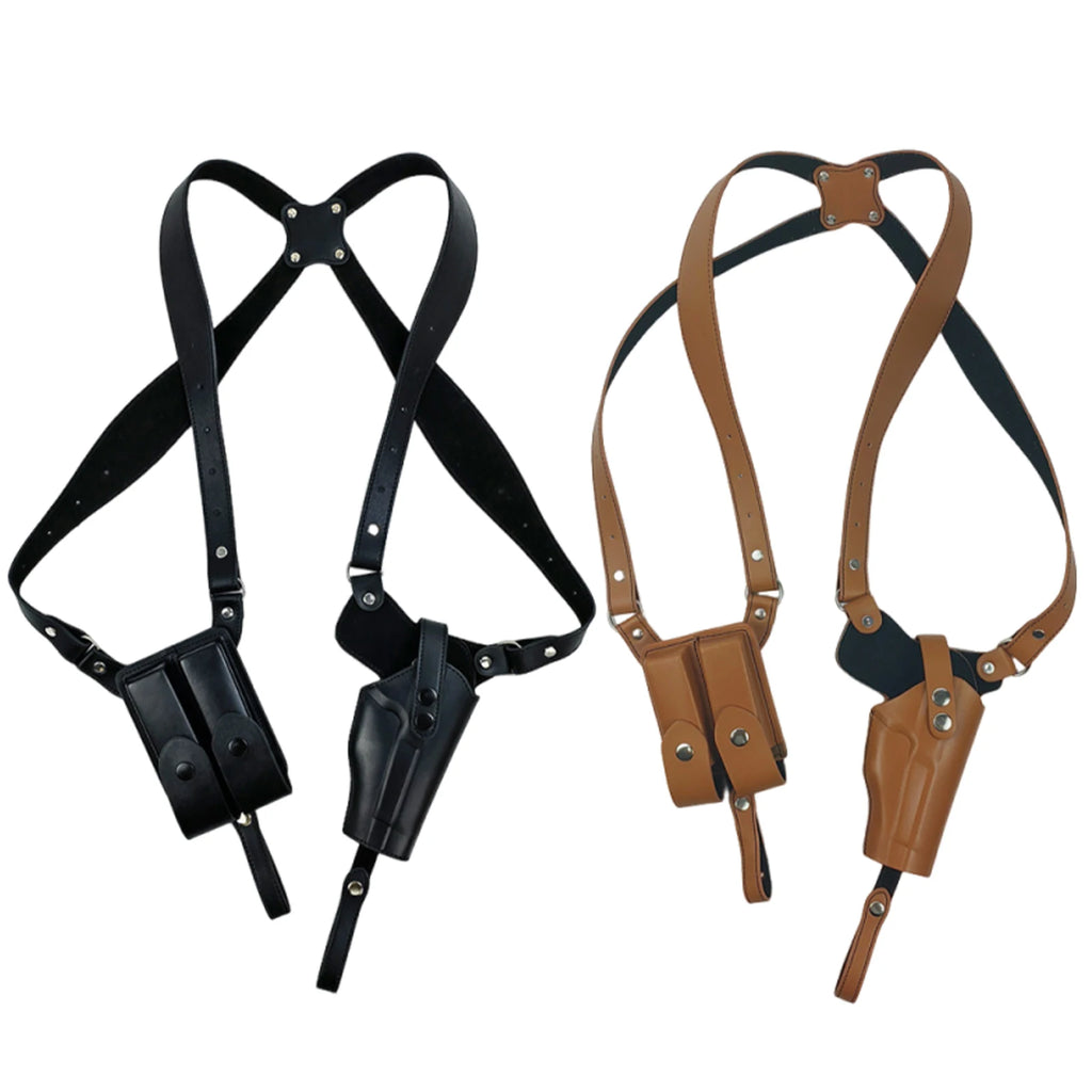 Leather General Vertical Gun Holster with Double Mag Fit Adjustable Concealed Carry Gun Holster Fit Most Kinds of Pistols