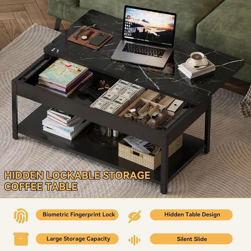 Biometric Security Coffee Table with Hidden Compartments for Firearms, Wine, and Valuables (Black Marble & Wood)