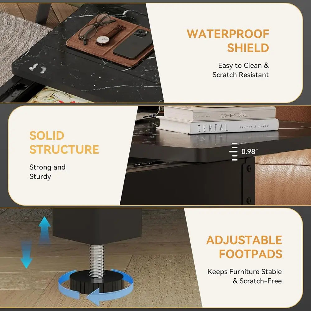 Biometric Security Coffee Table with Hidden Compartments for Firearms, Wine, and Valuables (Black Marble & Wood)