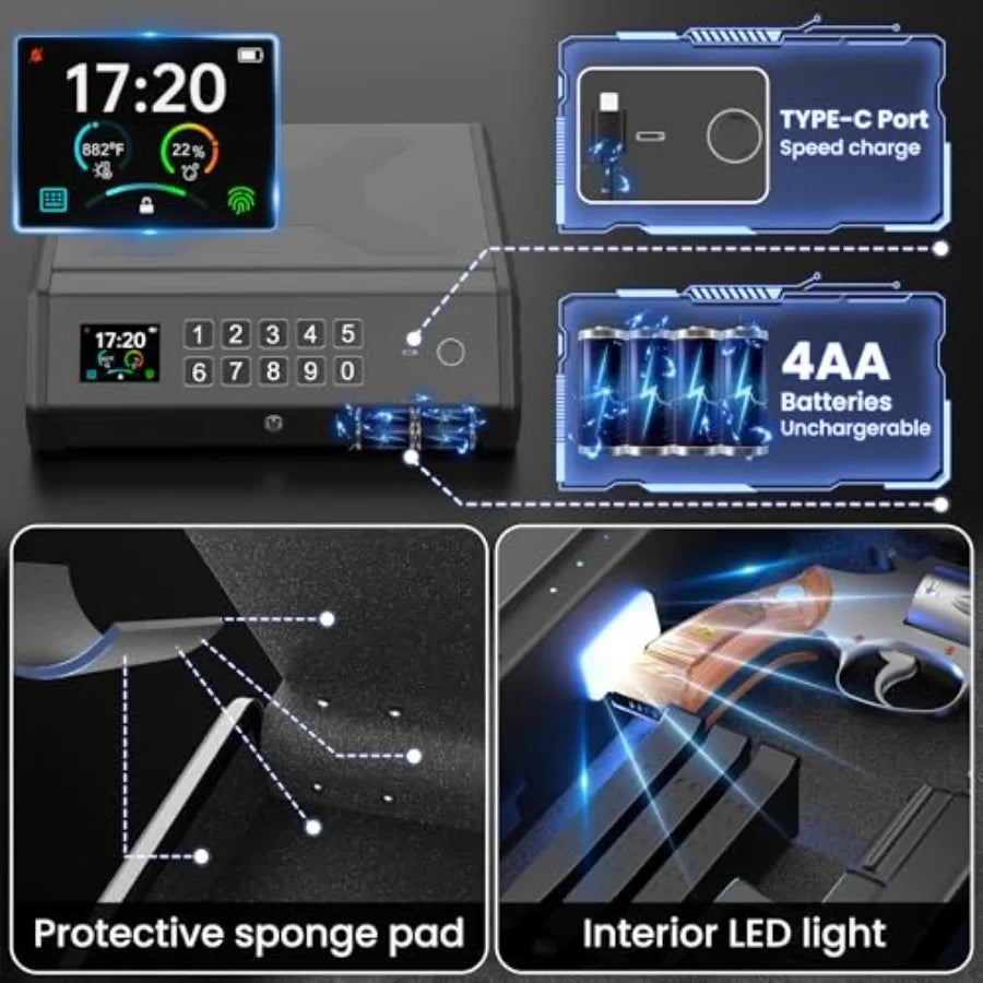 Gun Safe3 Ways Biometric Pistol Safe with LCD Display of Temperature Humidity USB Port Emergency Power Supply Gun Lock Box for