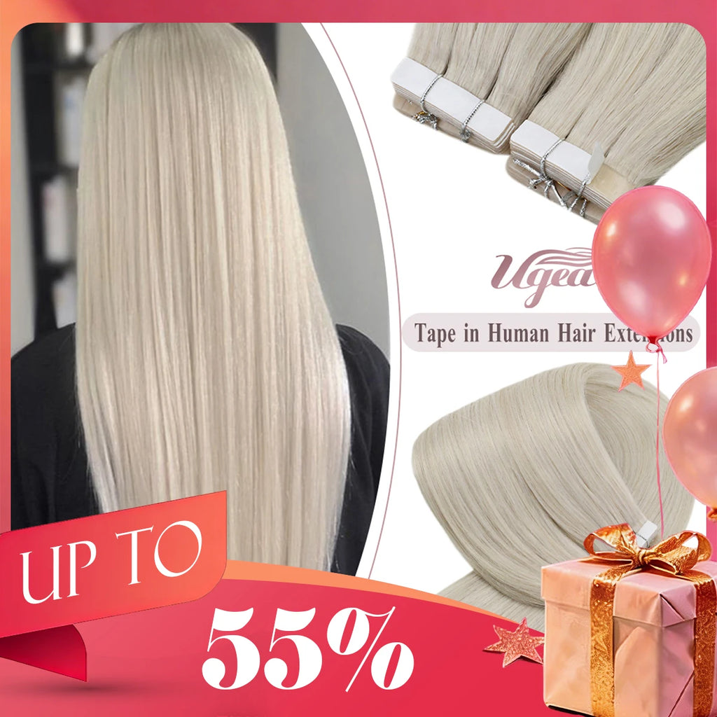 Ugeat Tape in Hair Extensions Human Hair Real Natural Brazilian Remy Hair Straight Seamless Skin Weft For Women Balayage 20P/40P