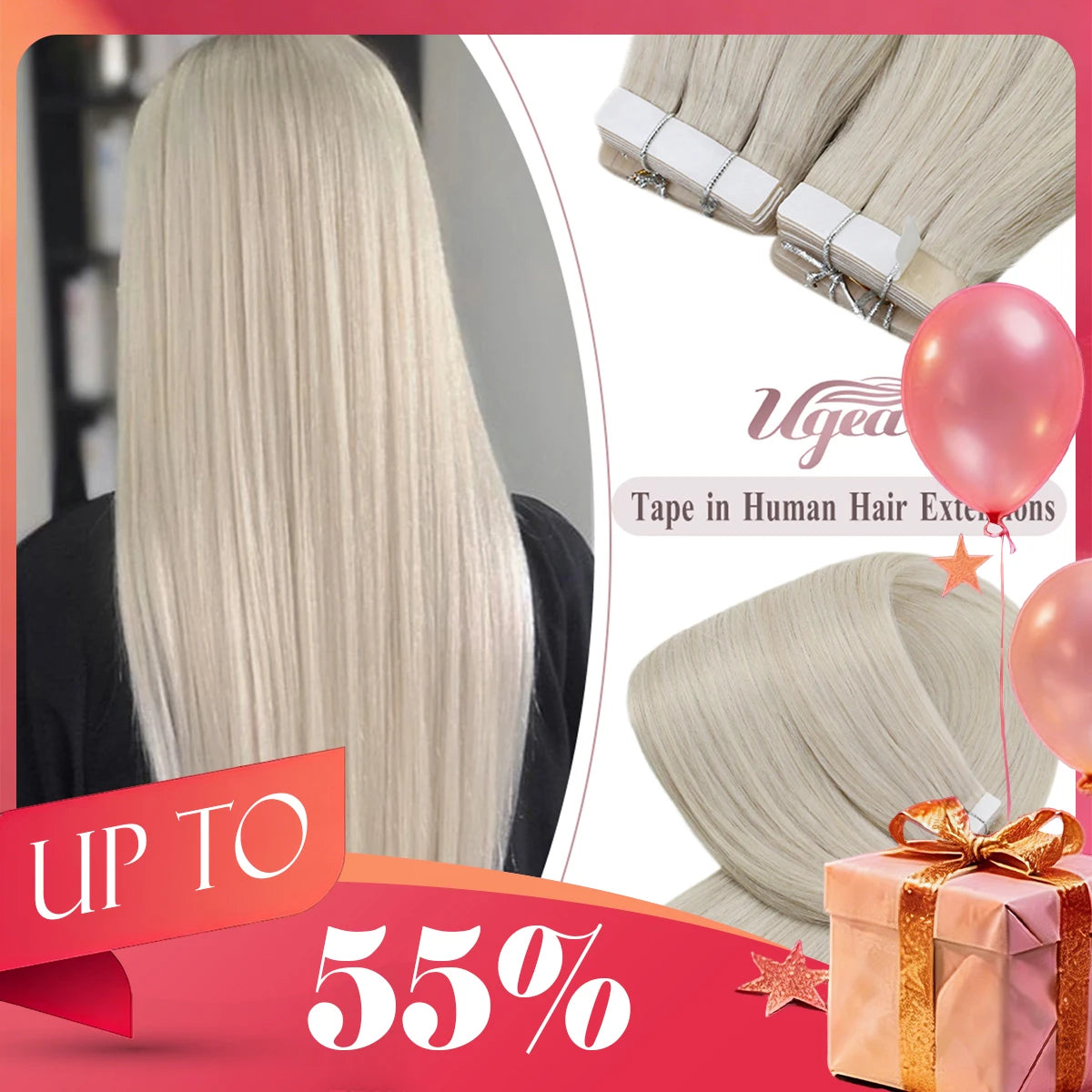 Ugeat Tape in Hair Extensions Human Hair Real Natural Brazilian Remy Hair Straight Seamless Skin Weft For Women Balayage 20P/40P