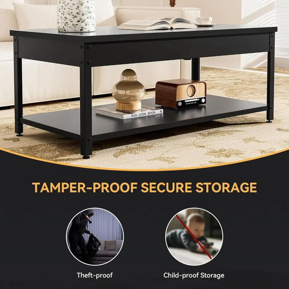 Biometric Security Coffee Table with Hidden Compartments for Firearms, Wine, and Valuables (Black Marble & Wood)