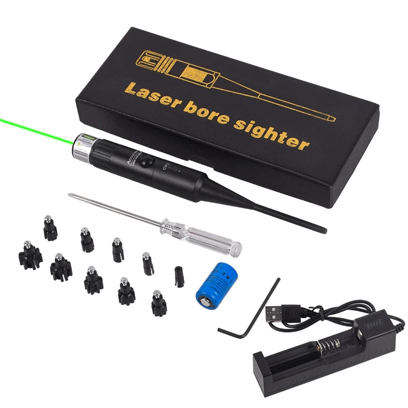 Green Red Dot Laser Bore Sighter Calibration Kit 9 Adapters.17 to .78 Caliber Laser Collimator Rifle Glock Laser Sight charger