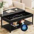 Biometric Security Coffee Table with Hidden Compartments for Firearms, Wine, and Valuables (Black Marble & Wood)