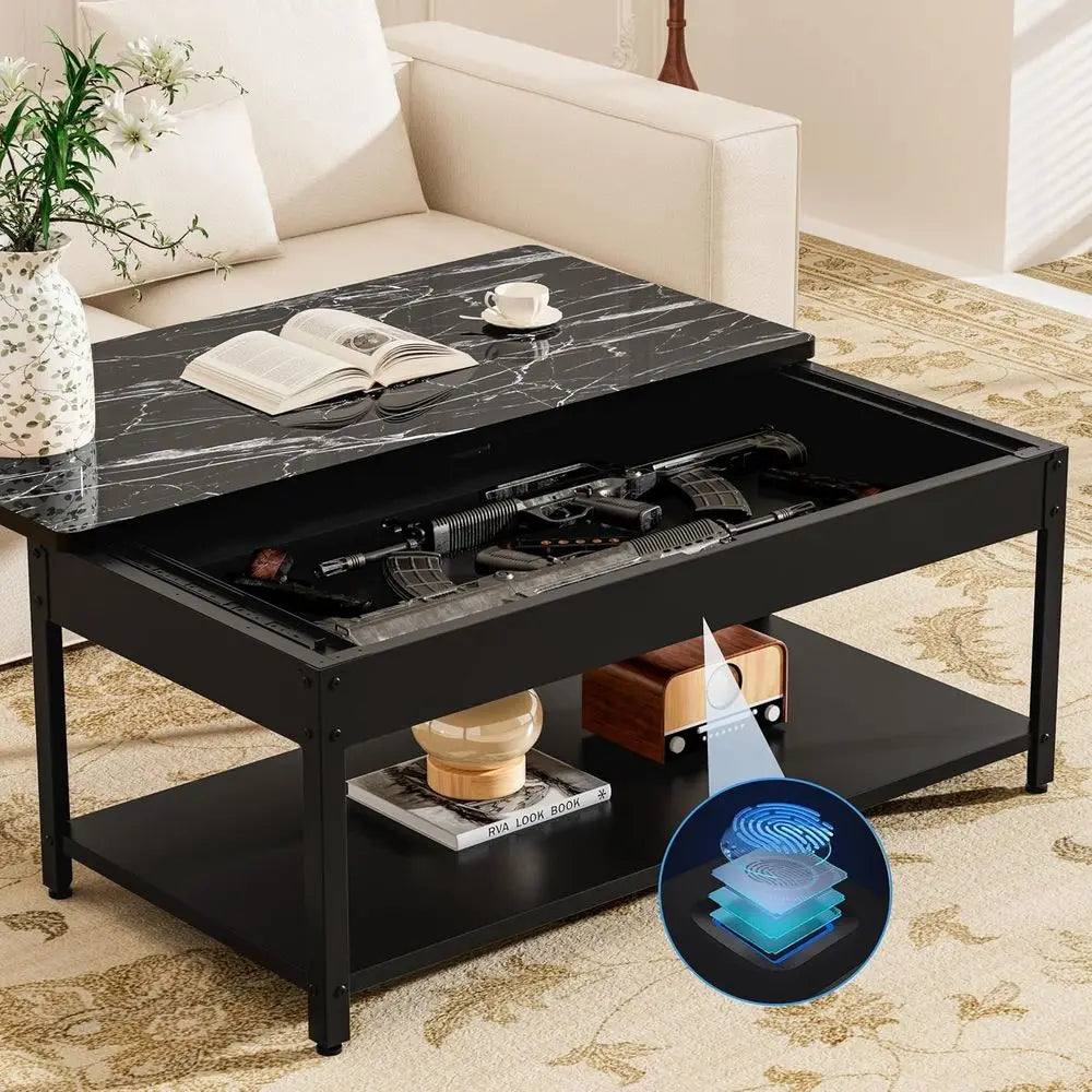Biometric Security Coffee Table with Hidden Compartments for Firearms, Wine, and Valuables (Black Marble & Wood)