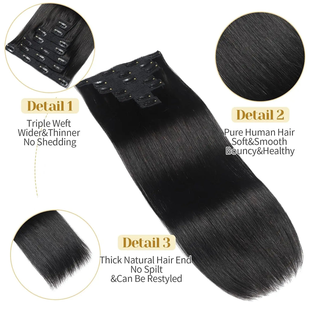 Brazilian Virgin Straight Full Head Clip-In Human Hair Extensions Natural Looking for Women Clip-On Hair Piece