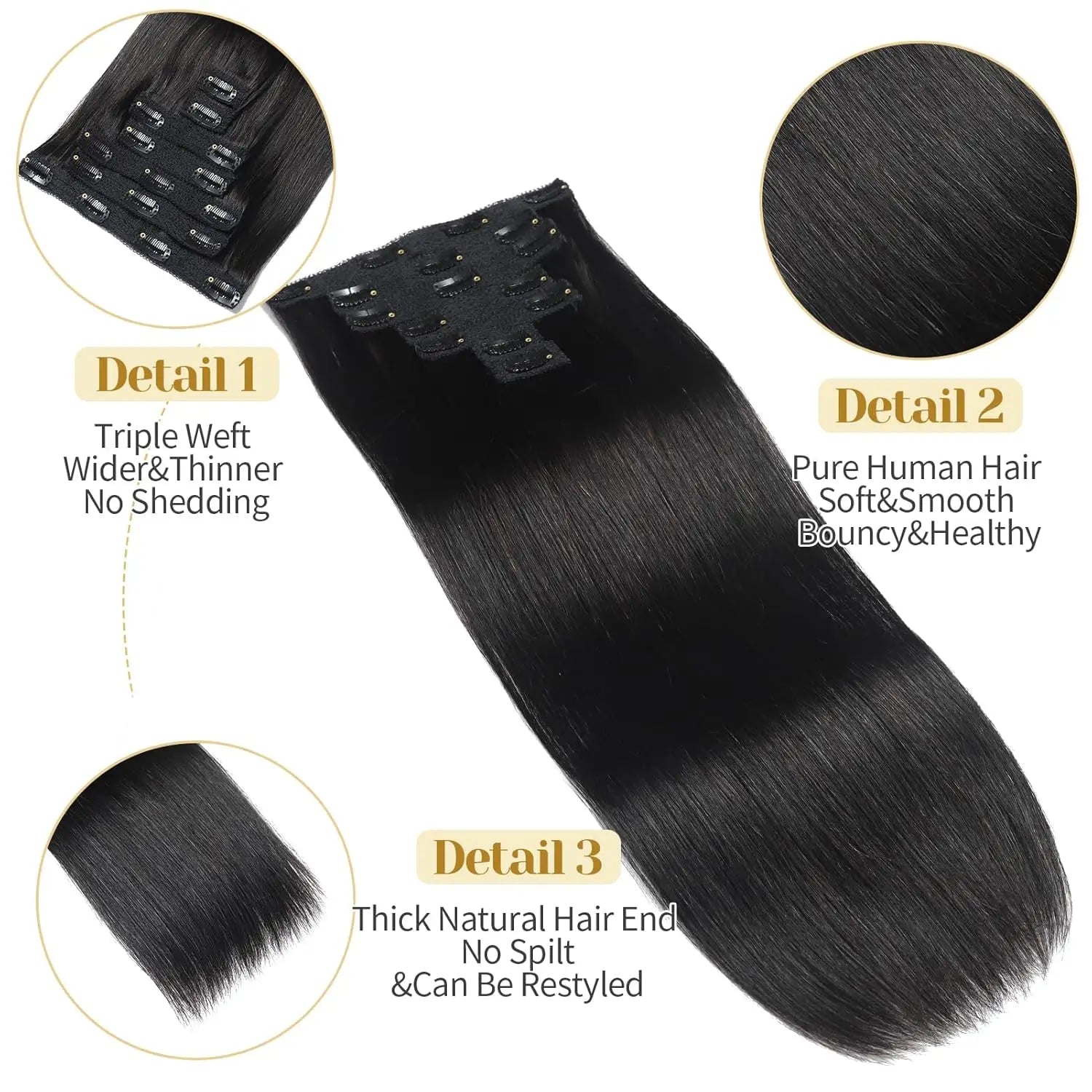 Brazilian Virgin Straight Full Head Clip-In Human Hair Extensions Natural Looking for Women Clip-On Hair Piece