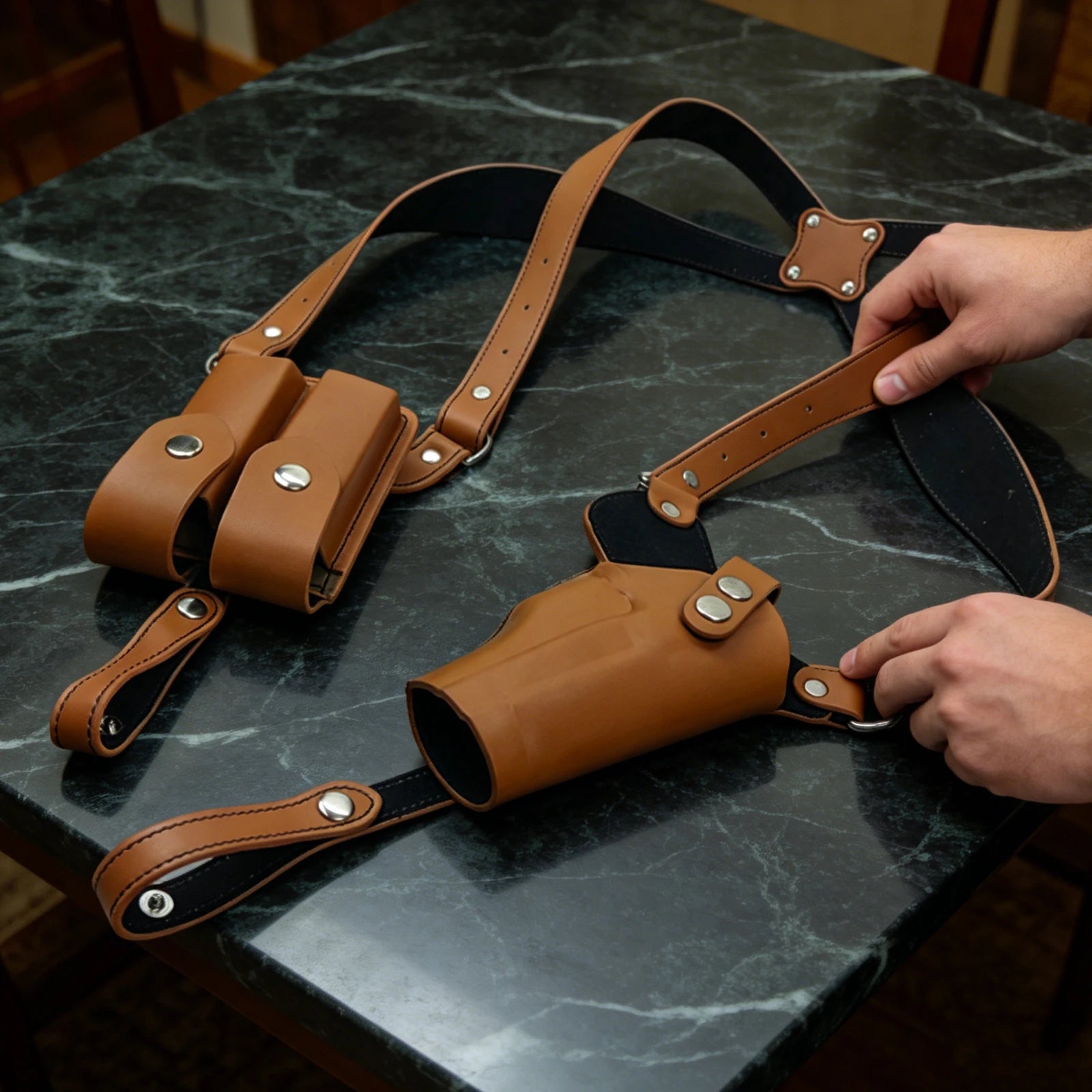 Leather General Vertical Gun Holster with Double Mag Fit Adjustable Concealed Carry Gun Holster Fit Most Kinds of Pistols