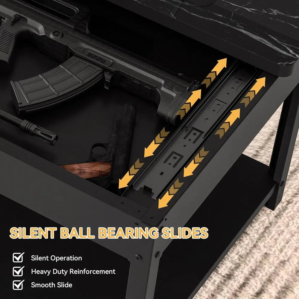 Biometric Security Coffee Table with Hidden Compartments for Firearms, Wine, and Valuables (Black Marble & Wood)