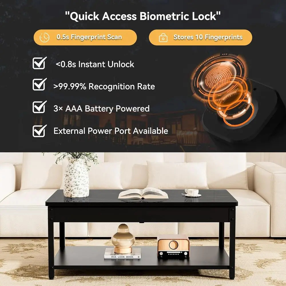Biometric Security Coffee Table with Hidden Compartments for Firearms, Wine, and Valuables (Black Marble & Wood)