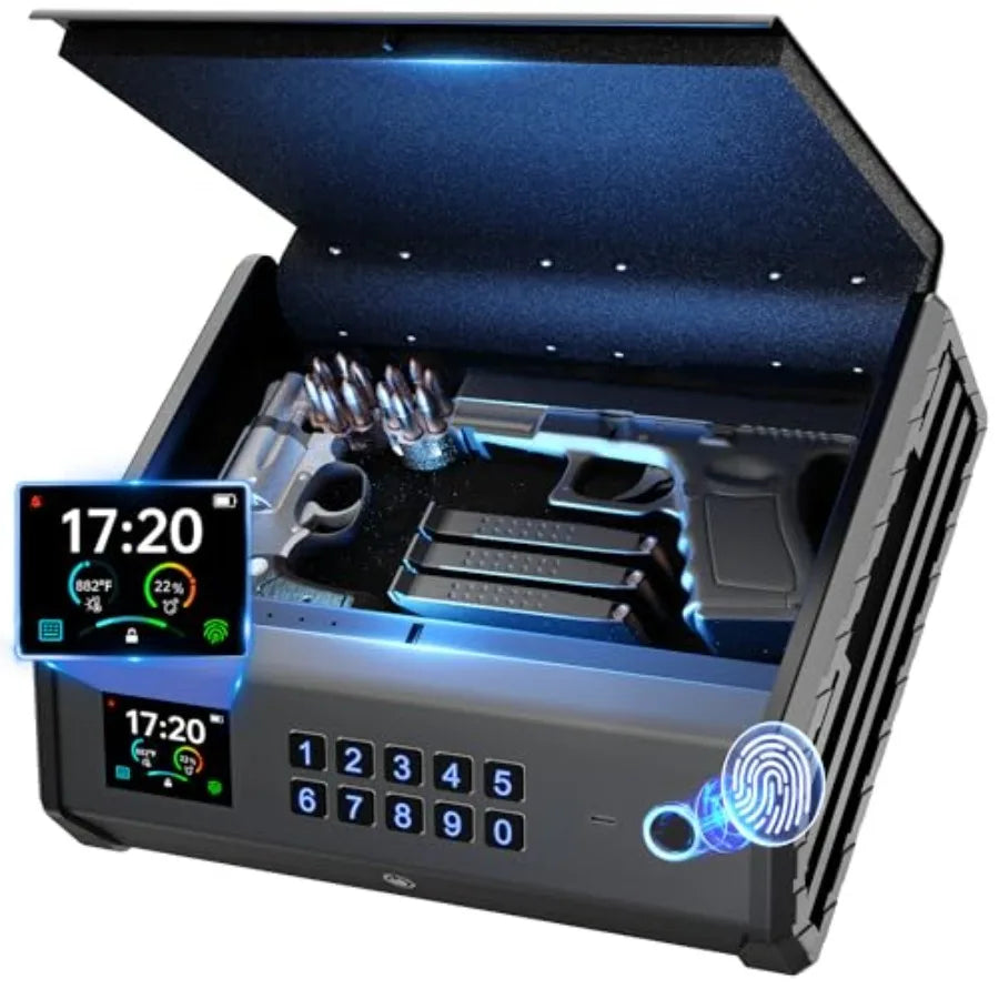 Gun Safe3 Ways Biometric Pistol Safe with LCD Display of Temperature Humidity USB Port Emergency Power Supply Gun Lock Box for