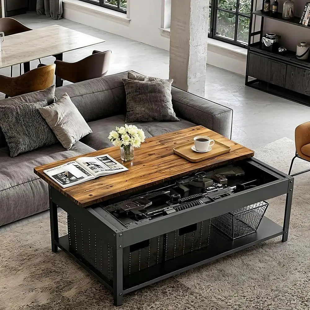 Biometric Lock Coffee Table with Concealed Storage for Firearms, Ammunition, and Valuables - Wood Texture