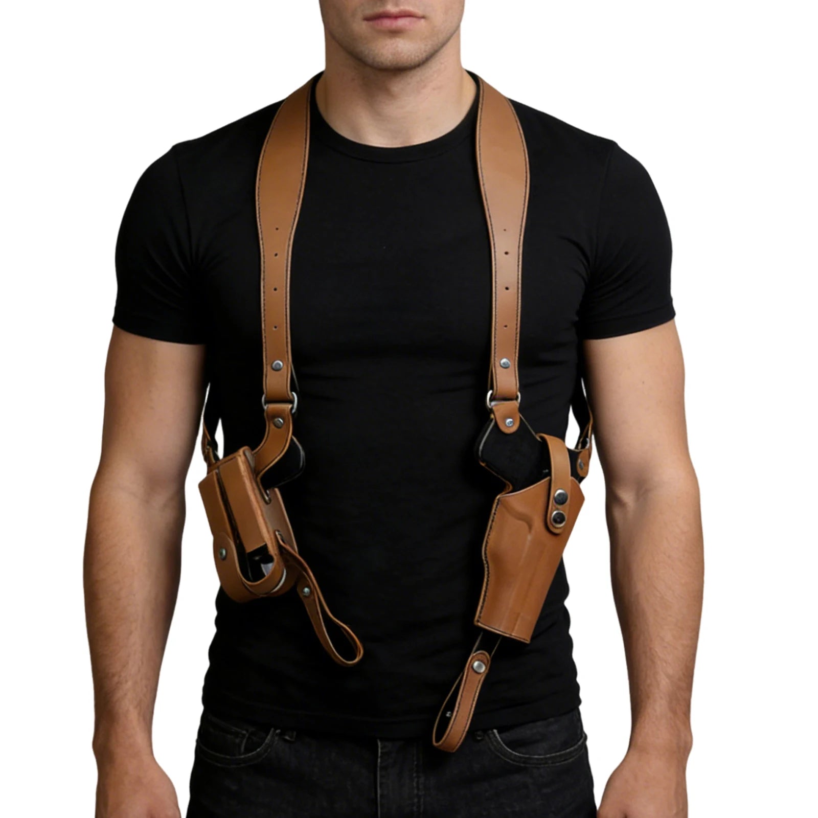 Leather General Vertical Gun Holster with Double Mag Fit Adjustable Concealed Carry Gun Holster Fit Most Kinds of Pistols