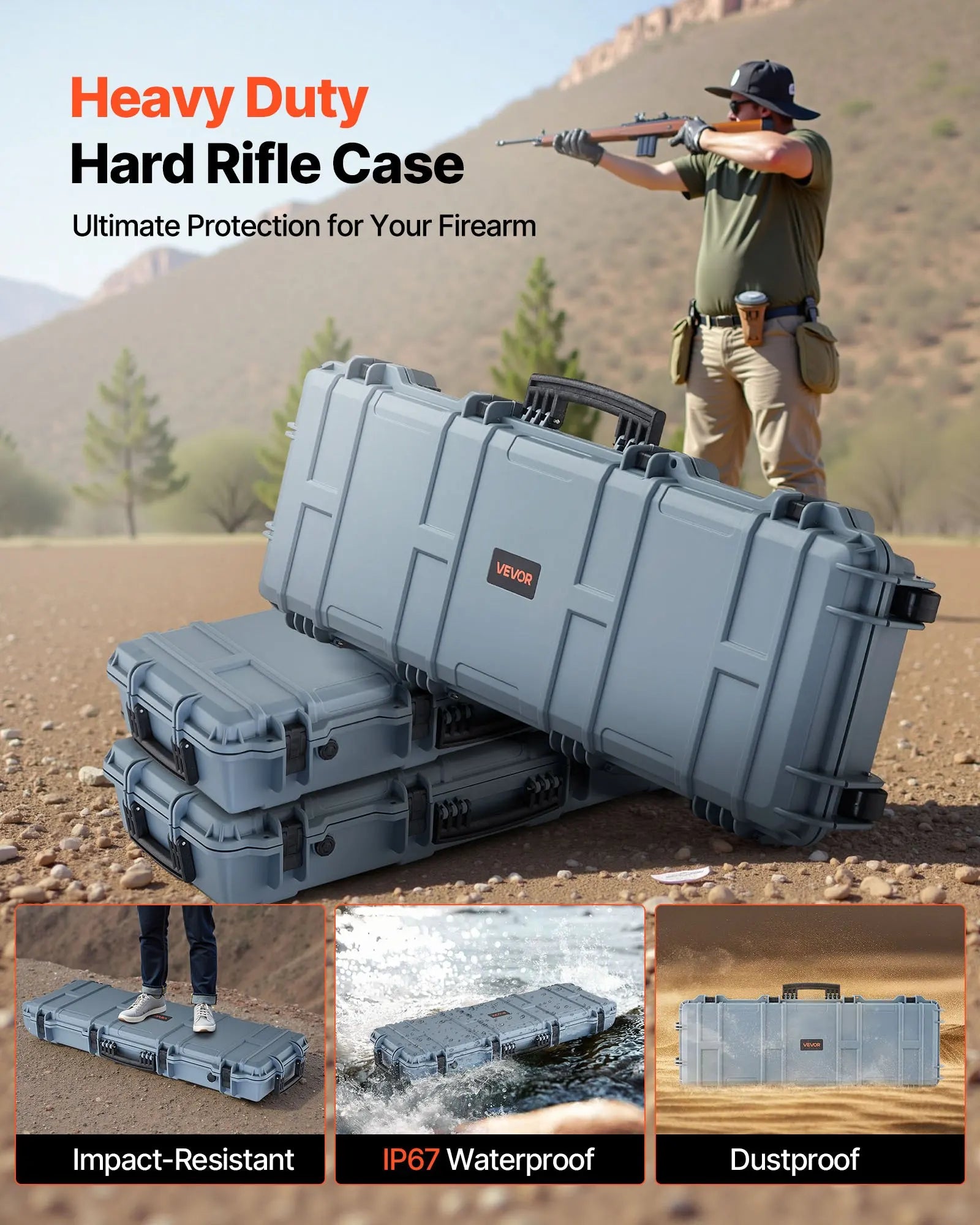 Hard Rifle Case, Lockable Rifle Case With Pre-cut Foams, 40 In Gun Storage With Wheels, IP67 Waterproof & Dustproof Movable