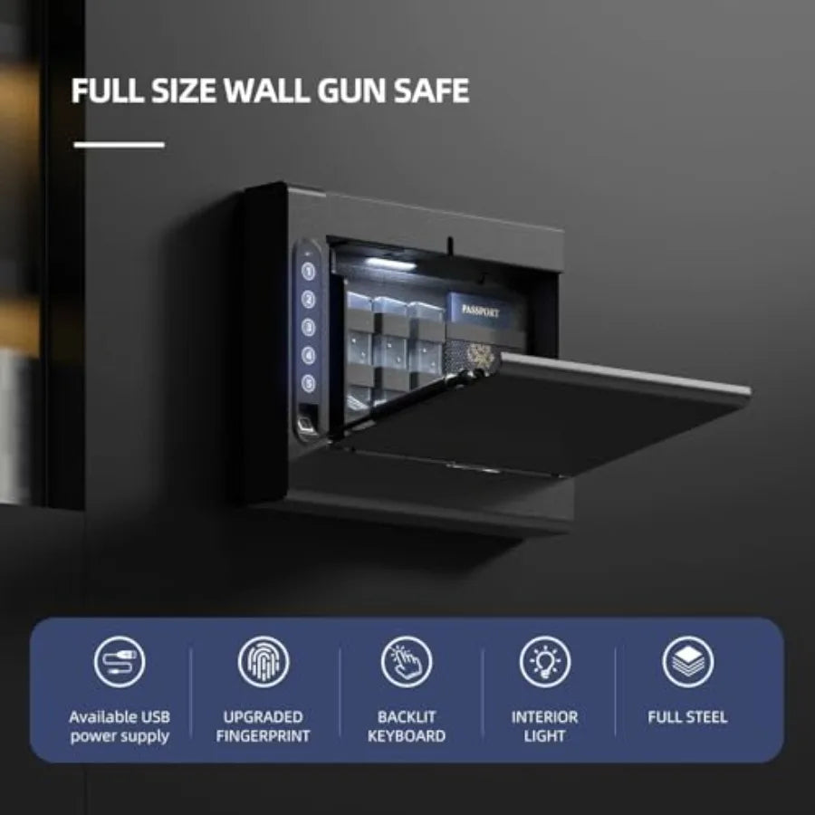 Biometric Wall Safe with Gas Strut for Quick Access Hidden Storage for Full-Size LED Light Silent Mode and Backlit Digital Keyp