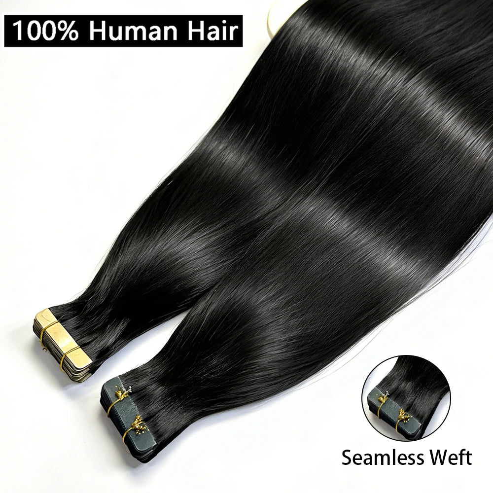 60G-360G 100% Real Tape In Hair Extensions Human Hair 22 Inch Natural Color Invisible Seamless PU Raw Straight Hair Extensions