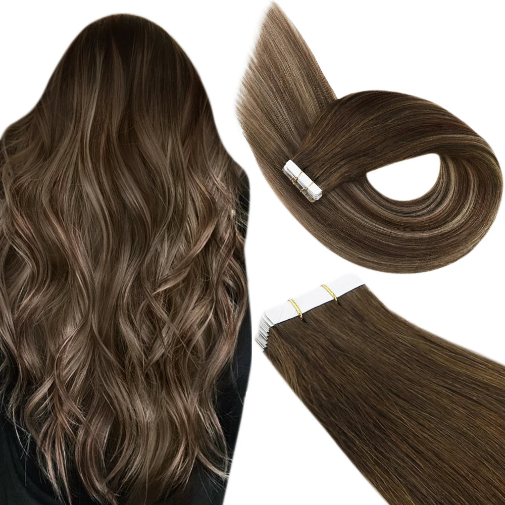 Ugeat Tape in Hair Extensions Human Hair Real Natural Brazilian Remy Hair Straight Seamless Skin Weft For Women Balayage 20P/40P