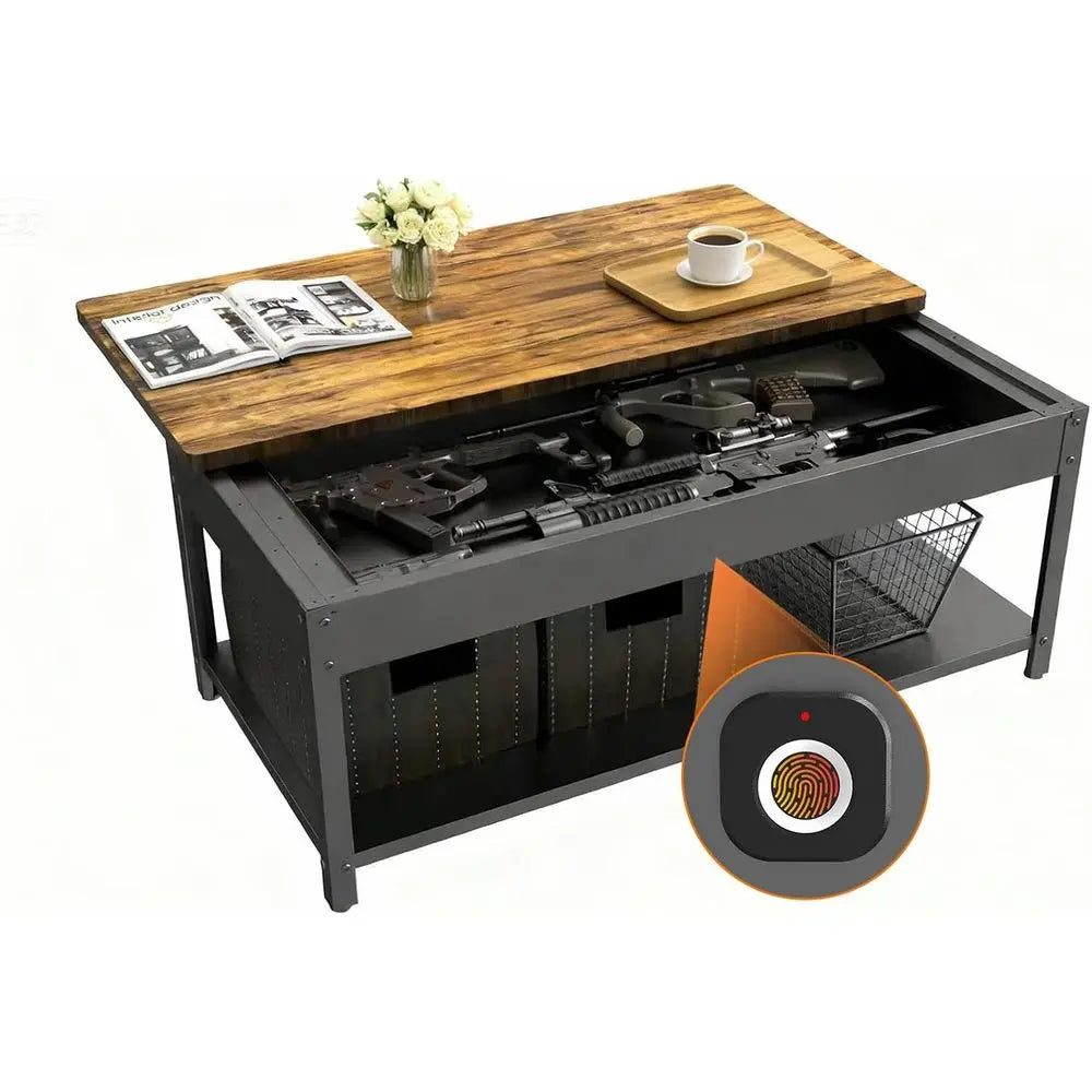 Biometric Lock Coffee Table with Concealed Storage for Firearms, Ammunition, and Valuables - Wood Texture