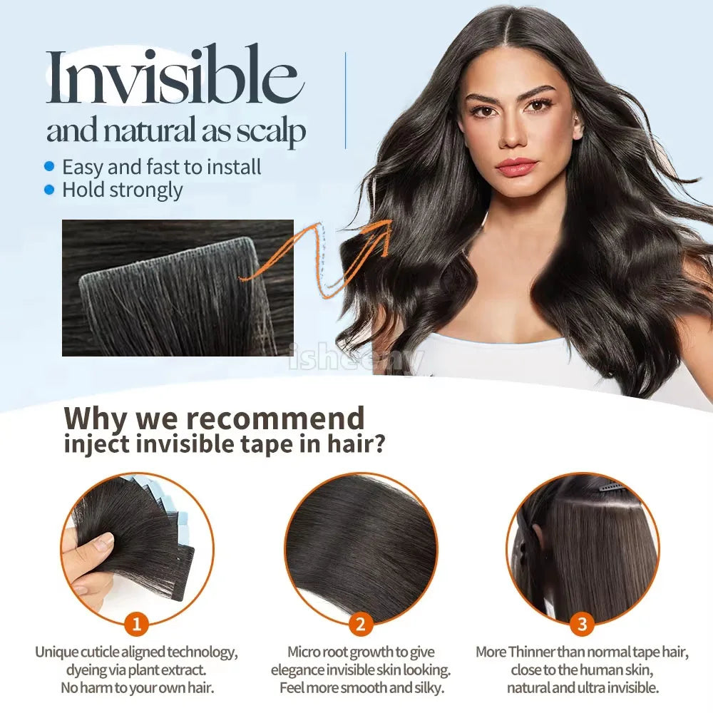 60G-360G 100% Real Tape In Hair Extensions Human Hair 22 Inch Natural Color Invisible Seamless PU Raw Straight Hair Extensions