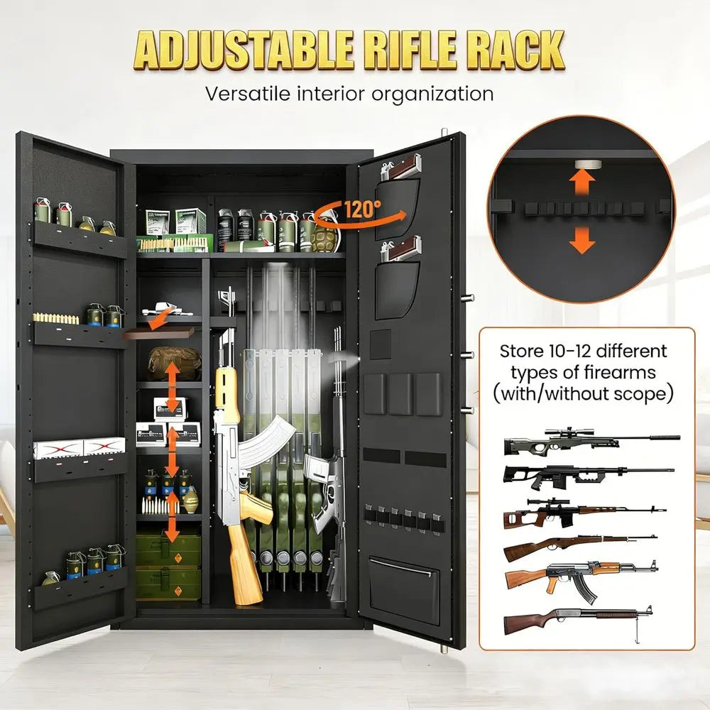 48-Gun Capacity Biometric Safe with LCD Keypad, Adjustable Shelves for Rifles and Pistols, Unassembled Home Safe