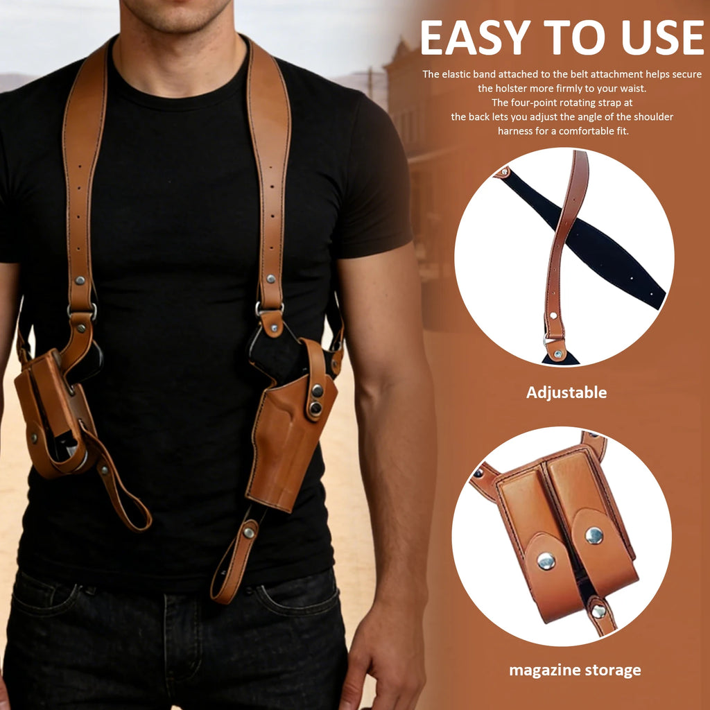 Leather General Vertical Gun Holster with Double Mag Fit Adjustable Concealed Carry Gun Holster Fit Most Kinds of Pistols