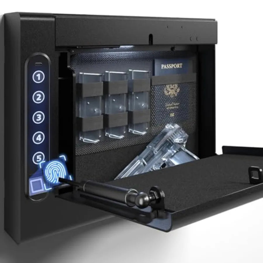 Biometric Wall Safe with Gas Strut for Quick Access Hidden Storage for Full-Size LED Light Silent Mode and Backlit Digital Keyp