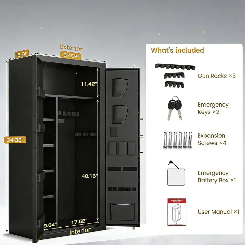 48-Gun Capacity Biometric Safe with LCD Keypad, Adjustable Shelves for Rifles and Pistols, Unassembled Home Safe
