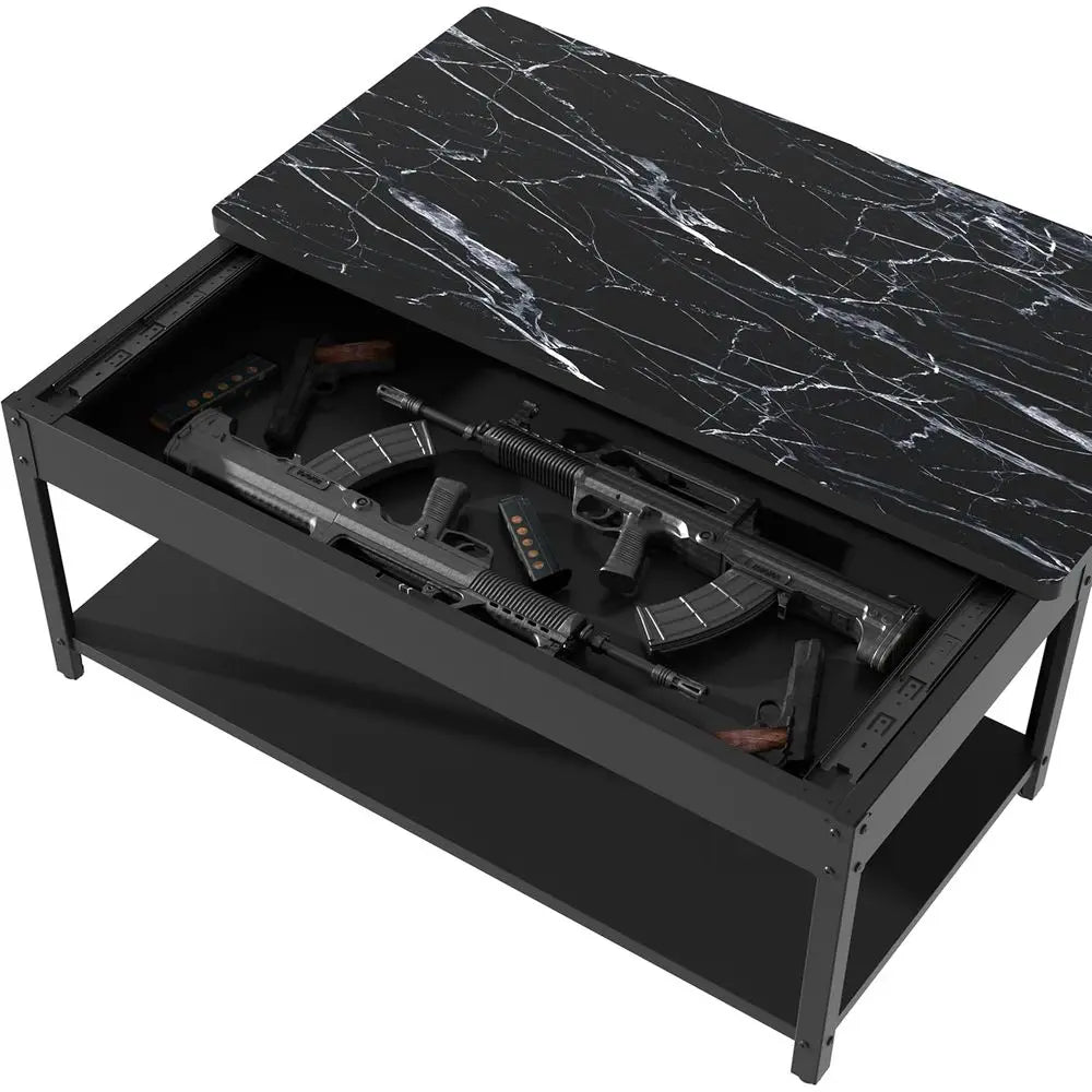 Biometric Security Coffee Table with Hidden Compartments for Firearms, Wine, and Valuables (Black Marble & Wood)