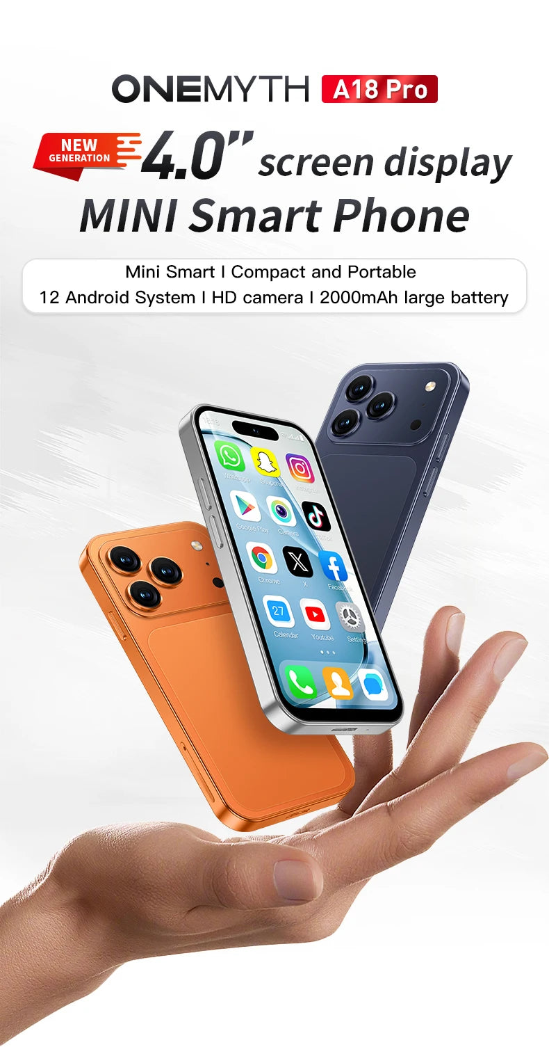 2026 new ONEMYTH Orange A18 Pro, 4.0 inches, Android 12.0 system, 2000mAh battery, 4G network dual SIM cards, mini smartphone