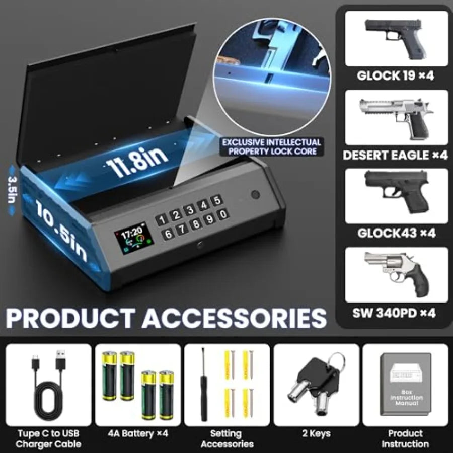 Gun Safe3 Ways Biometric Pistol Safe with LCD Display of Temperature Humidity USB Port Emergency Power Supply Gun Lock Box for