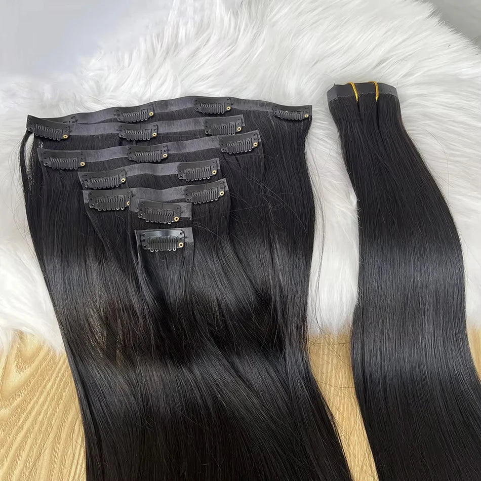 Brazilian Virgin Straight Full Head Clip-In Human Hair Extensions Natural Looking for Women Clip-On Hair Piece
