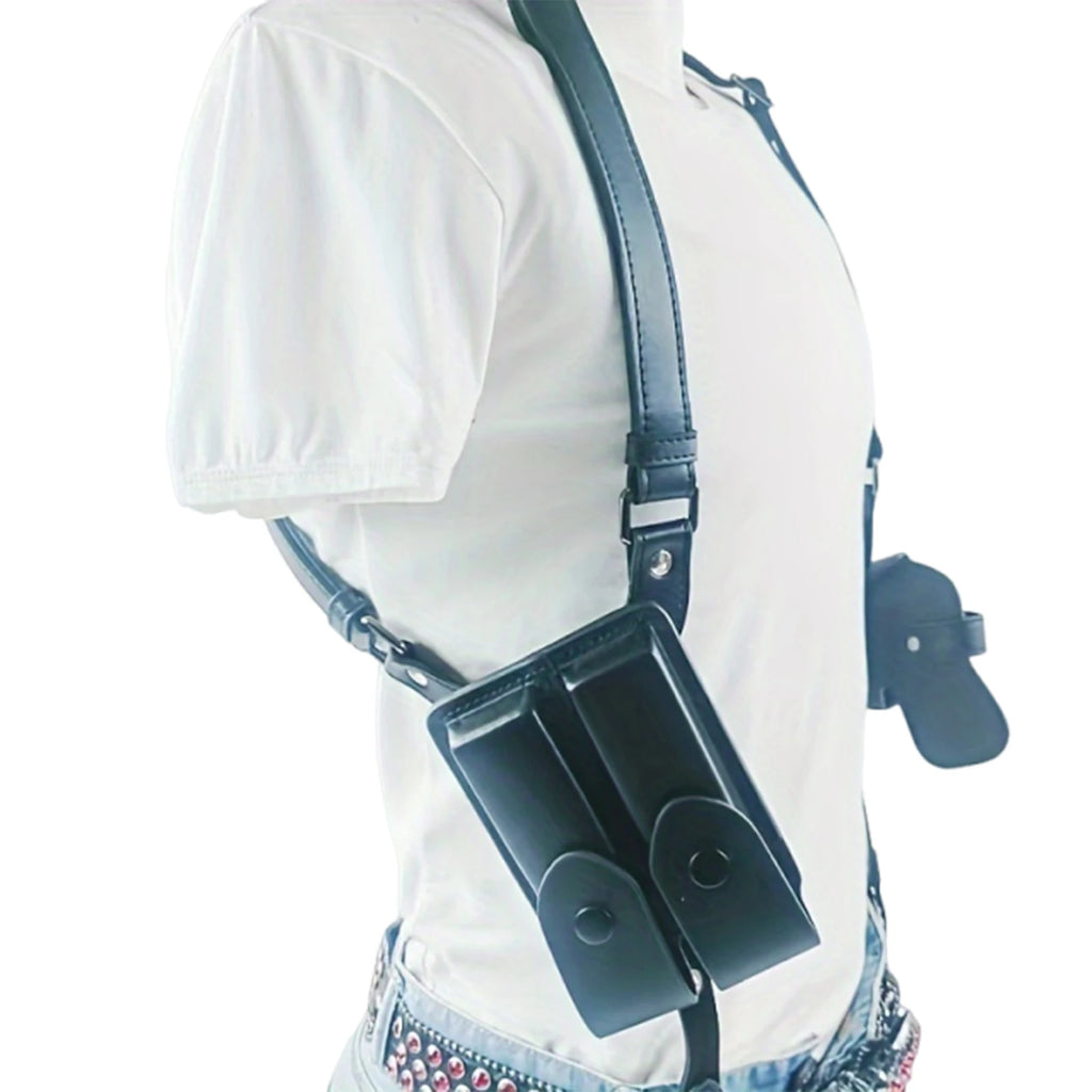 Leather General Vertical Gun Holster with Double Mag Fit Adjustable Concealed Carry Gun Holster Fit Most Kinds of Pistols