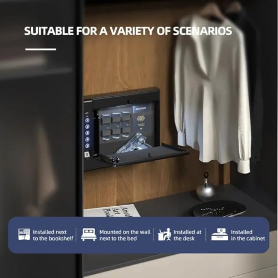 Biometric Wall Safe with Gas Strut for Quick Access Hidden Storage for Full-Size LED Light Silent Mode and Backlit Digital Keyp