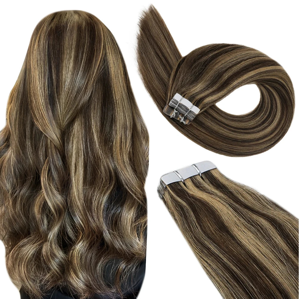 Ugeat Tape in Hair Extensions Human Hair Real Natural Brazilian Remy Hair Straight Seamless Skin Weft For Women Balayage 20P/40P