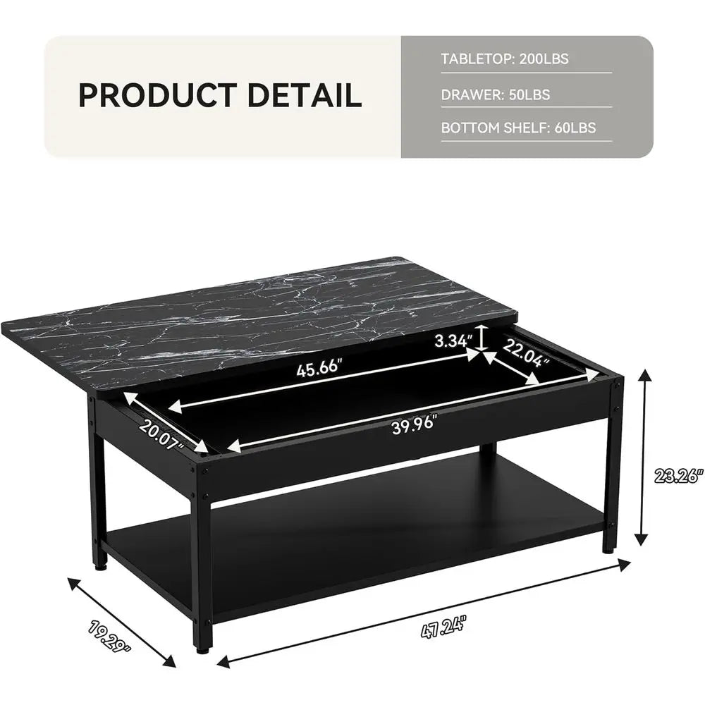 Biometric Security Coffee Table with Hidden Compartments for Firearms, Wine, and Valuables (Black Marble & Wood)