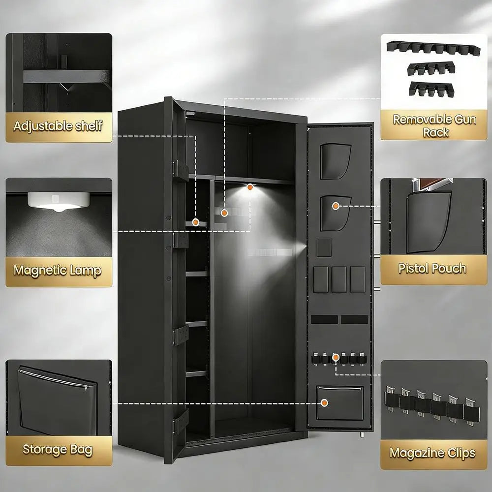 48-Gun Capacity Biometric Safe with LCD Keypad, Adjustable Shelves for Rifles and Pistols, Unassembled Home Safe