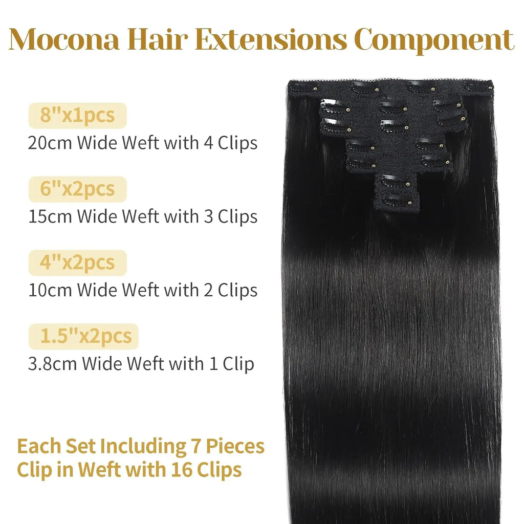 Brazilian Virgin Straight Full Head Clip-In Human Hair Extensions Natural Looking for Women Clip-On Hair Piece