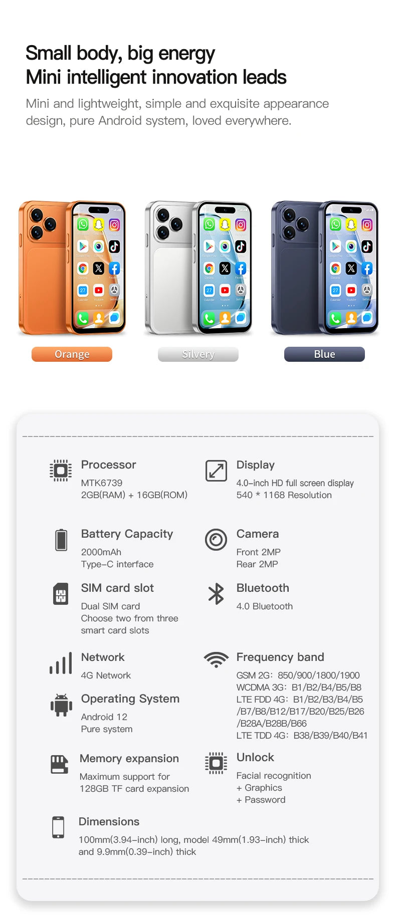 2026 new ONEMYTH Orange A18 Pro, 4.0 inches, Android 12.0 system, 2000mAh battery, 4G network dual SIM cards, mini smartphone